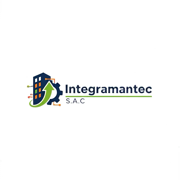 Fotograma del video corporativo: logotipo de INTEGRA MANTEC S.A.C. con un edificio, un engranaje y una flecha verde ascendente